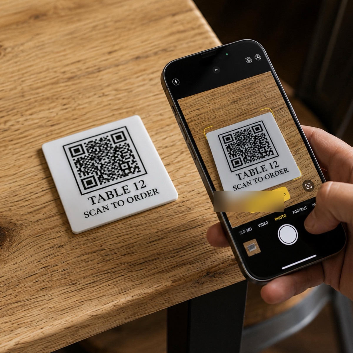Khách quét mã QR đặt trên bàn quán cà phê